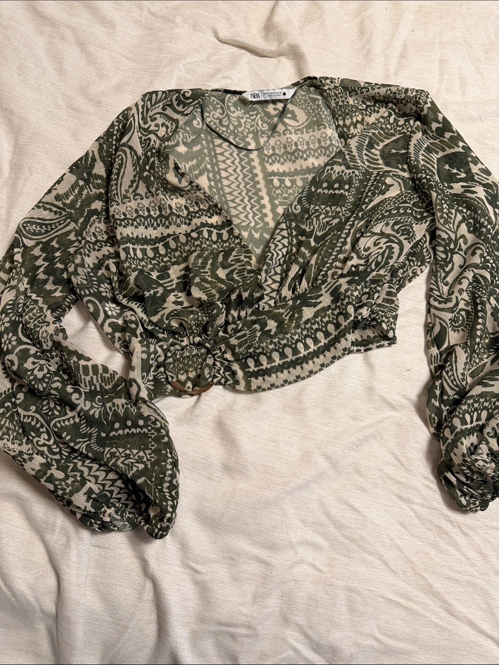 Zara Green Patterned Wrap Blouse with Ring Tie